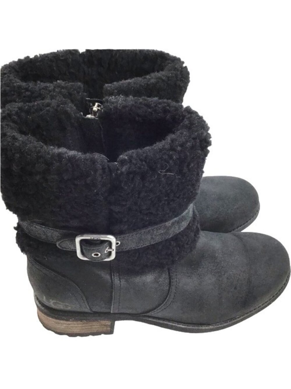 UGG Blayne Shearling Cuff Buckle Strap Leather Ankle Boots Womens 6.5 Black